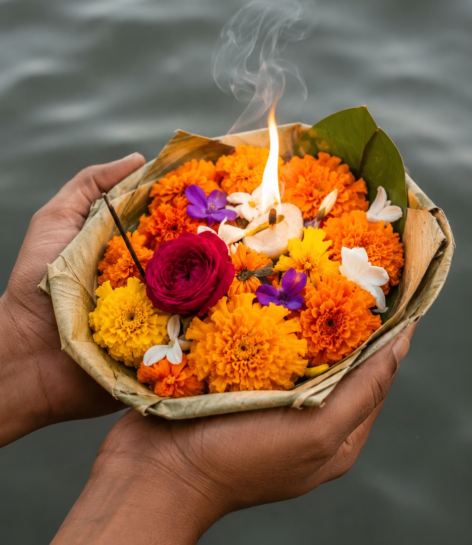 Ofrenda floral tradicional con una llama sostenida entre las manos sobre el río Ganges